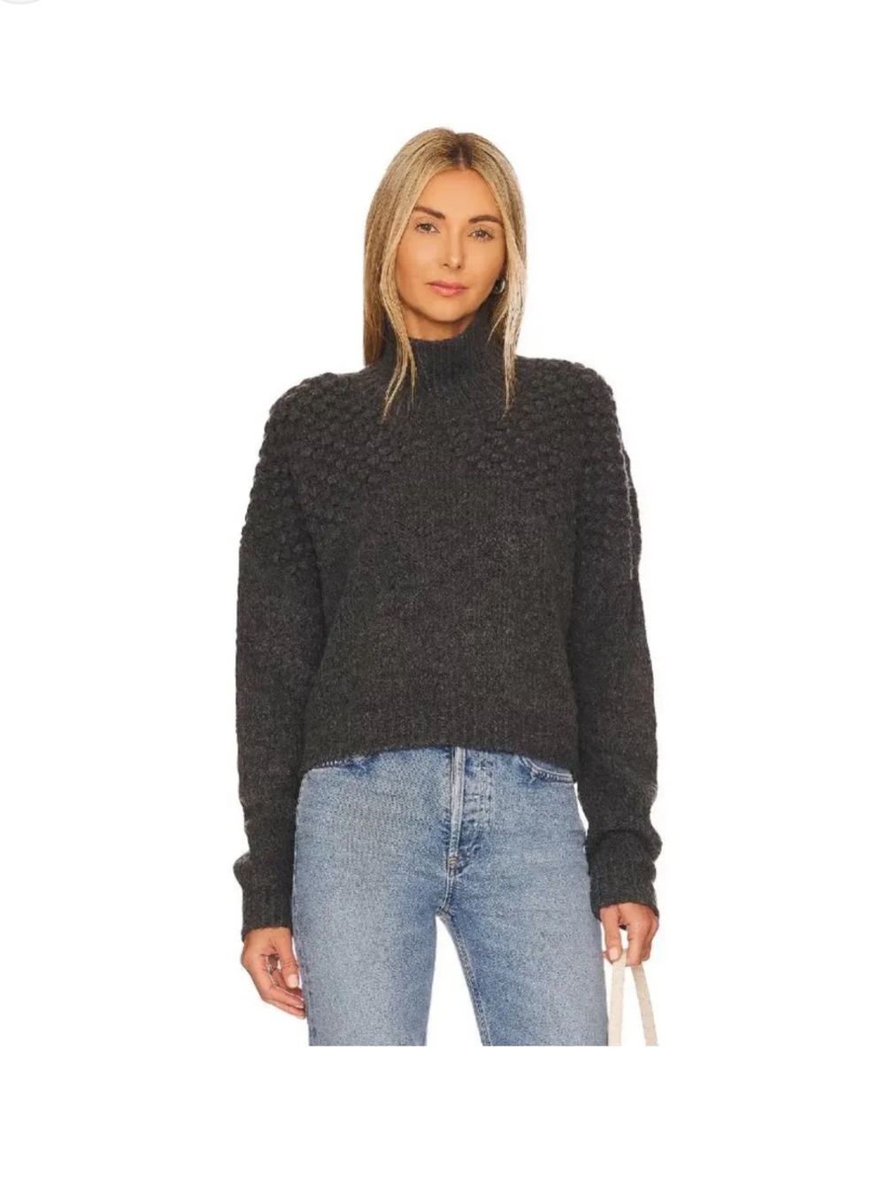 Free People Cozy Black Mock Neck Bubble Knit Sweater